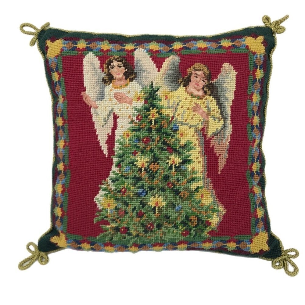 Needlepoint Christmas Tree & Angel Accent Throw Pillow Green Red Wool Embroidery